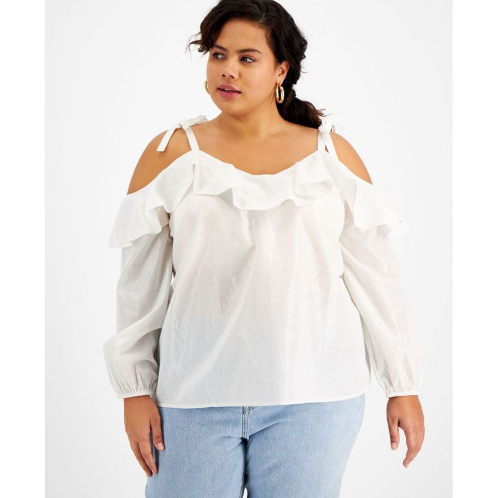 Inc International Concepts Plus Size Ruffled Cold-Shoulder Blouse